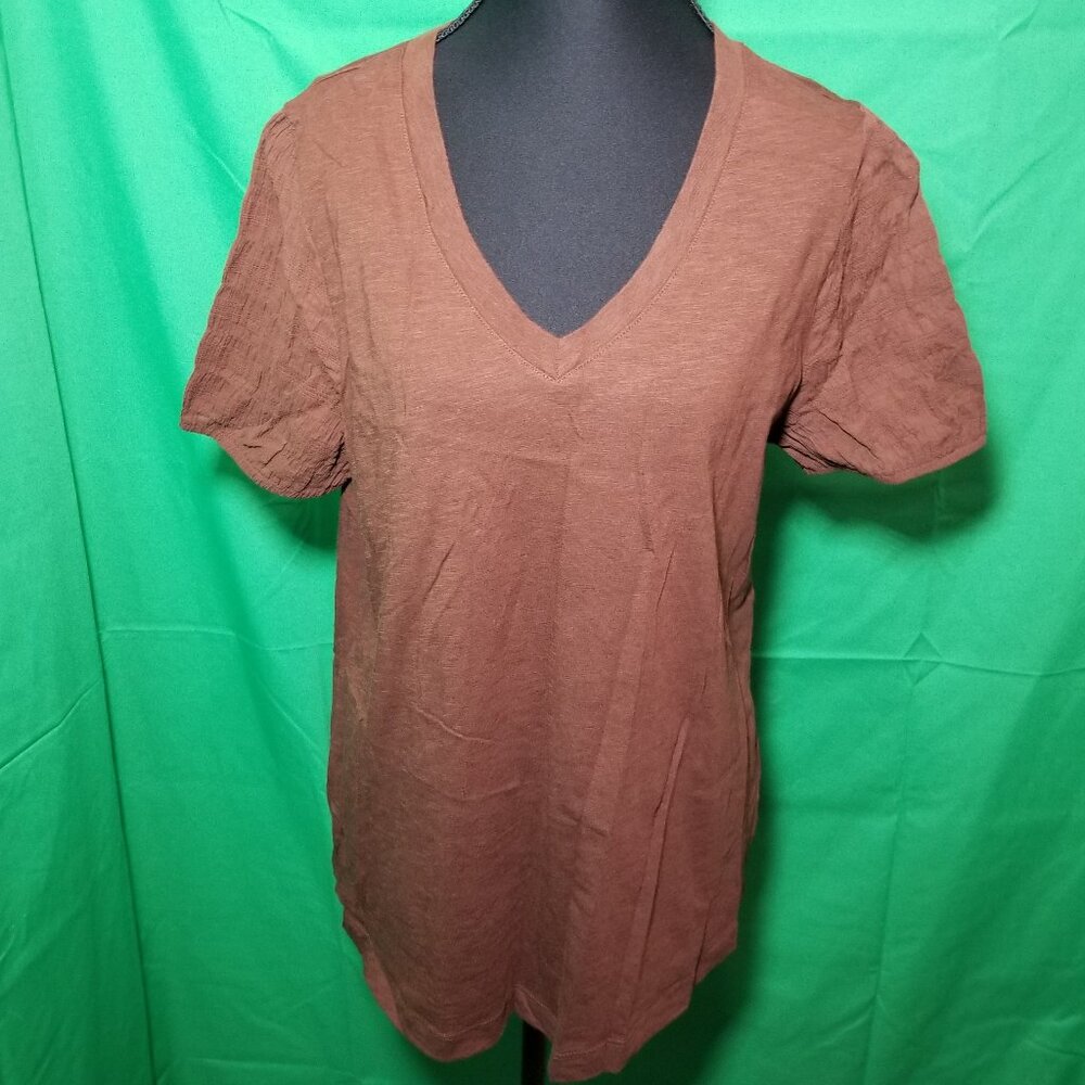 Lane Bryant Brown Puff Sleeve V-Neck‎ Shirt Womens 10/12 Boho Peasant Cottage